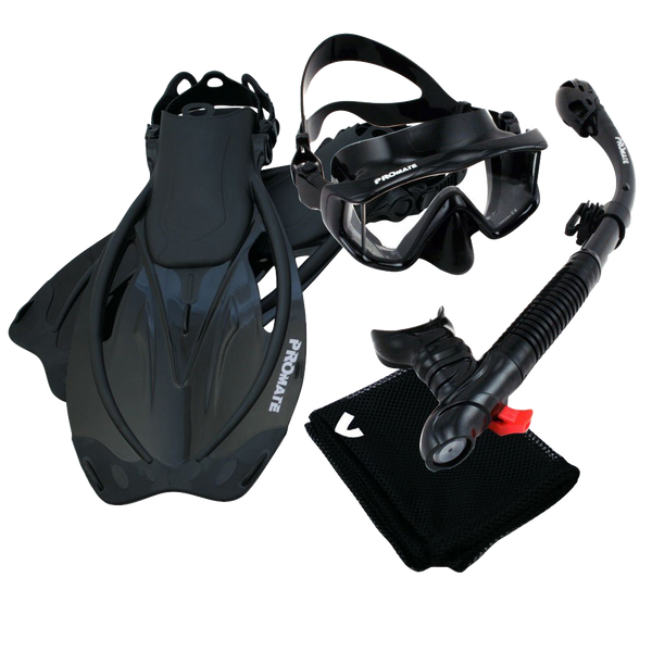 PROMATE Scuba Dive Panoramic PURGE Mask Dry Snorkel Snorkeling Fins Gear Set